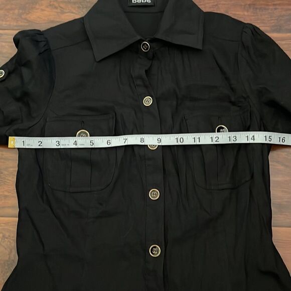 Y2K Bebe Black Gold Buttons Clasp Linen Blend Dress Feminine Club Event Party - Picture 4 of 11